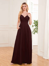 Modern Spaghetti Straps Long Chiffon Bridesmaid Dresses With Pockets