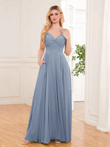 Modern Spaghetti Straps Long Chiffon Bridesmaid Dresses With Pockets