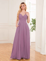 Modern Spaghetti Straps Long Chiffon Bridesmaid Dresses With Pockets