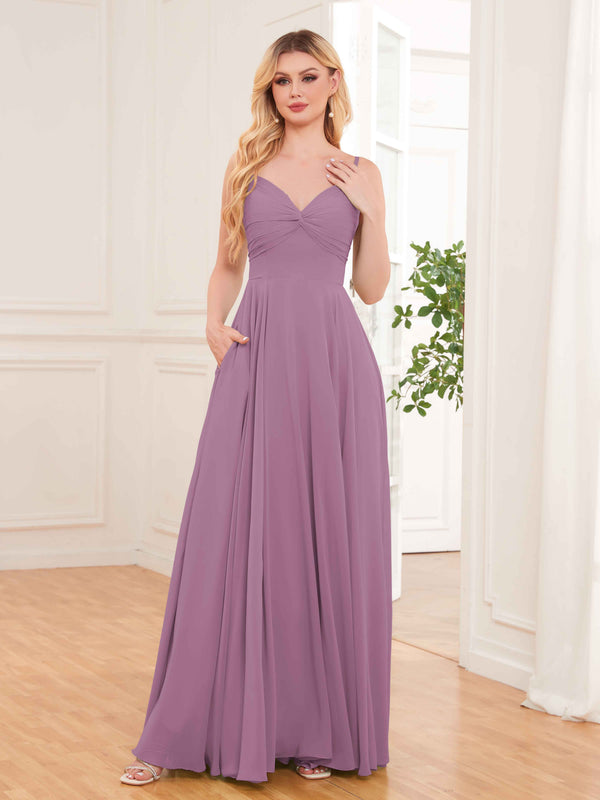 Dusty Purple Modern Spaghetti Straps Long Chiffon Bridesmaid Dresses With Pockets