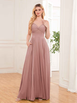 Modern Spaghetti Straps Long Chiffon Bridesmaid Dresses With Pockets