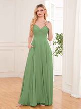 Modern Spaghetti Straps Long Chiffon Bridesmaid Dresses With Pockets