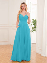 Modern Spaghetti Straps Long Chiffon Bridesmaid Dresses With Pockets