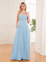 Modern Spaghetti Straps Long Chiffon Bridesmaid Dresses With Pockets