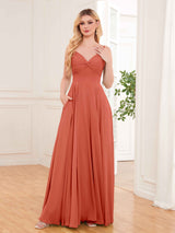 Modern Spaghetti Straps Long Chiffon Bridesmaid Dresses With Pockets