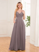 Modern Spaghetti Straps Long Chiffon Bridesmaid Dresses With Pockets