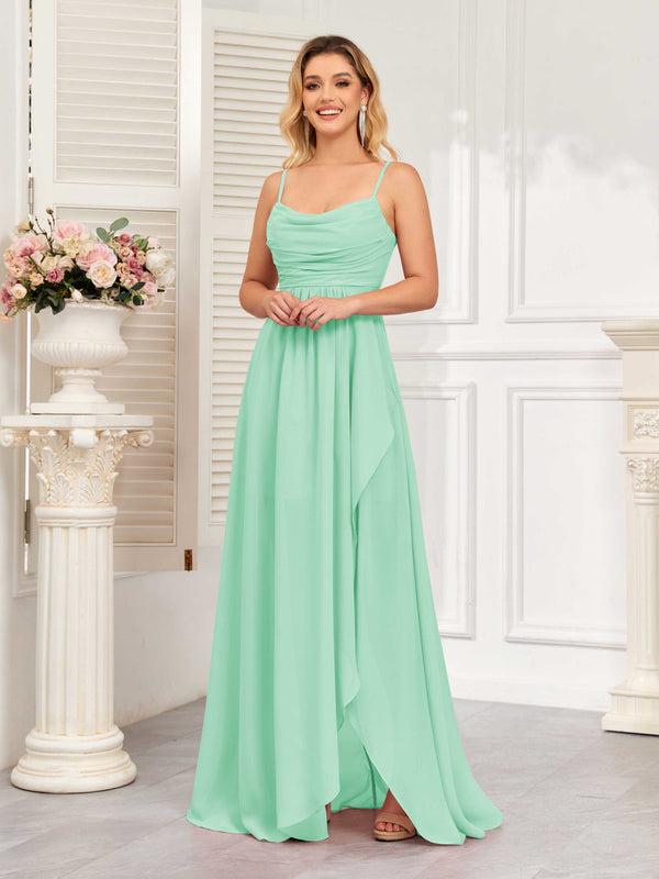 Mint Green Modern Spaghetti Straps Chiffon Bridesmaid Dresses With Slit