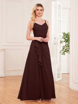 Modern Spaghetti Straps Ruffles Slit Chiffon Bridesmaid Dresses