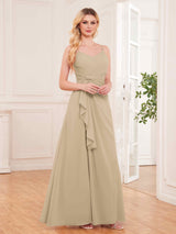 Modern Spaghetti Straps Ruffles Slit Chiffon Bridesmaid Dresses