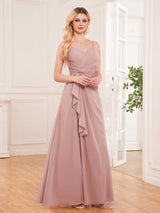 Modern Spaghetti Straps Ruffles Slit Chiffon Bridesmaid Dresses