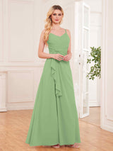 Modern Spaghetti Straps Ruffles Slit Chiffon Bridesmaid Dresses