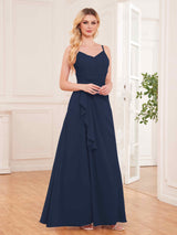 Modern Spaghetti Straps Ruffles Slit Chiffon Bridesmaid Dresses