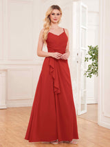 Modern Spaghetti Straps Ruffles Slit Chiffon Bridesmaid Dresses