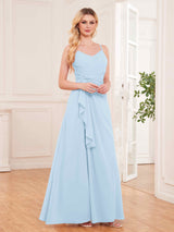 Modern Spaghetti Straps Ruffles Slit Chiffon Bridesmaid Dresses