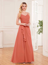 Modern Spaghetti Straps Ruffles Slit Chiffon Bridesmaid Dresses