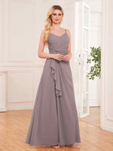 Modern Spaghetti Straps Ruffles Slit Chiffon Bridesmaid Dresses