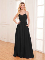 Modern Spaghetti Straps Slit Chiffon Bridesmaid Dresses with Pockets