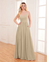 Modern Spaghetti Straps Slit Chiffon Bridesmaid Dresses with Pockets