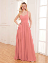 Modern Spaghetti Straps Slit Chiffon Bridesmaid Dresses with Pockets