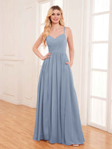 Modern Spaghetti Straps Slit Chiffon Bridesmaid Dresses with Pockets