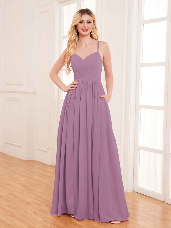 Dusty Purple Modern Spaghetti Straps Slit Chiffon Bridesmaid Dresses with Pockets