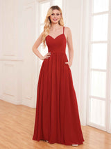 Modern Spaghetti Straps Slit Chiffon Bridesmaid Dresses with Pockets