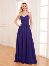 Modern Spaghetti Straps Slit Chiffon Bridesmaid Dresses with Pockets