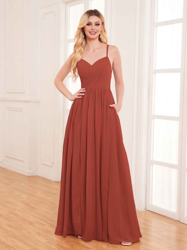 Rust Modern Spaghetti Straps Slit Chiffon Bridesmaid Dresses with Pockets