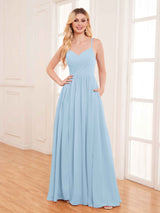 Modern Spaghetti Straps Slit Chiffon Bridesmaid Dresses with Pockets