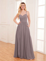 Modern Spaghetti Straps Slit Chiffon Bridesmaid Dresses with Pockets