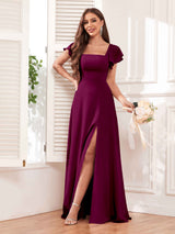 Modern Square Neck Cap Sleeves Lace Up Chiffon Bridesmaid Dresses