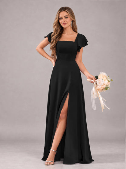Black Modern Square Neck Cap Sleeves Lace Up Chiffon Bridesmaid Dress
