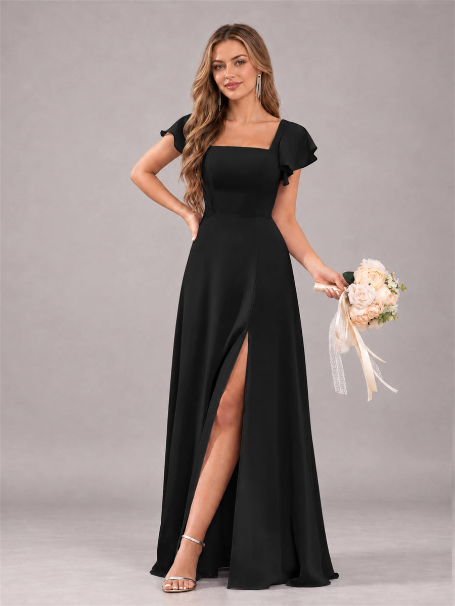 Black Modern Square Neck Cap Sleeves Lace Up Chiffon Bridesmaid Dress