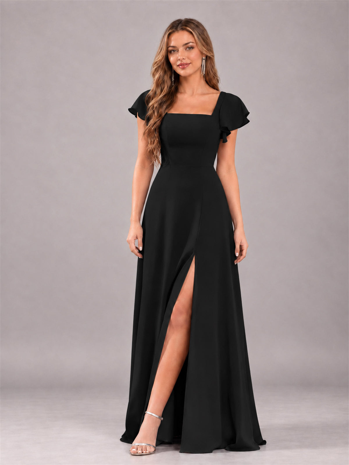 Black Modern Square Neck Cap Sleeves Lace Up Chiffon Bridesmaid Dress