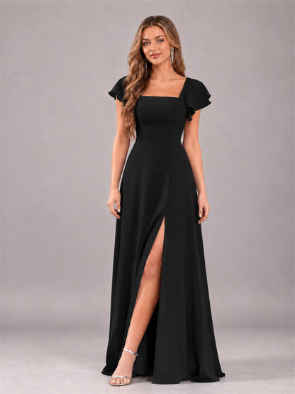 Black Modern Square Neck Cap Sleeves Lace Up Chiffon Bridesmaid Dress