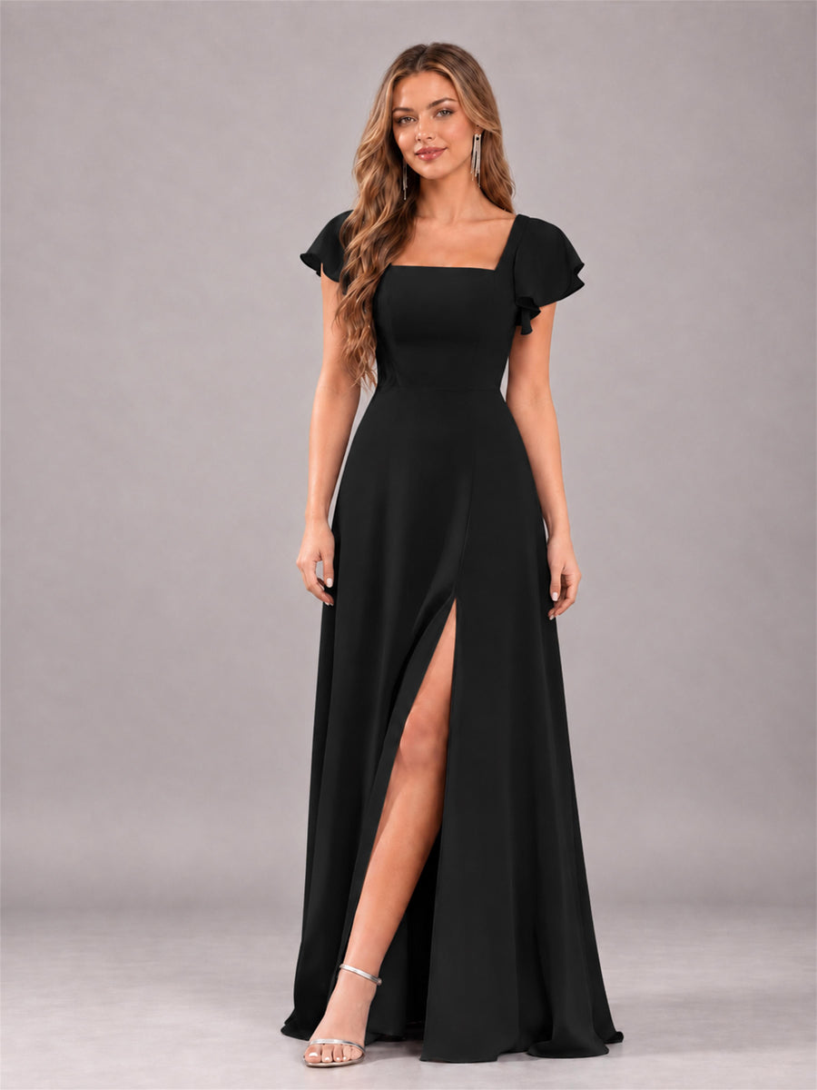 Black Modern Square Neck Cap Sleeves Lace Up Chiffon Bridesmaid Dress