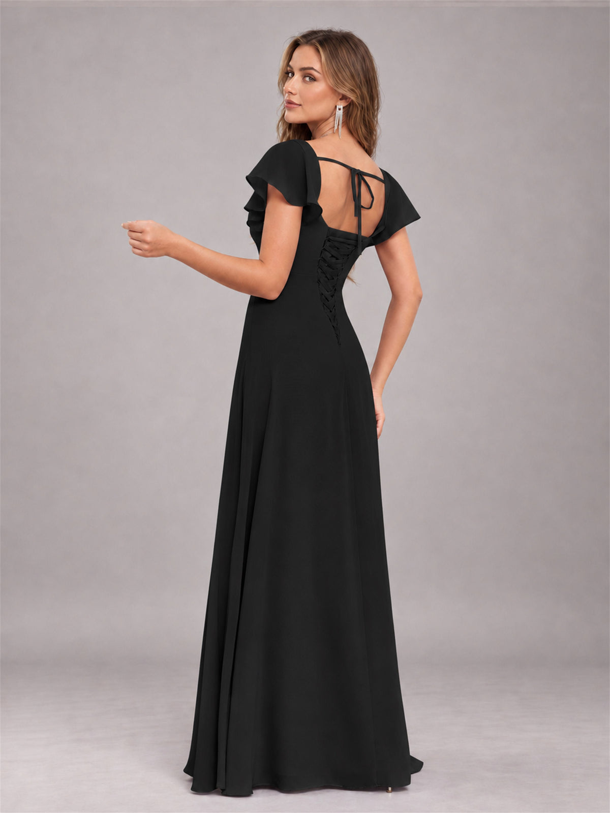 Black Modern Square Neck Cap Sleeves Lace Up Chiffon Bridesmaid Dress