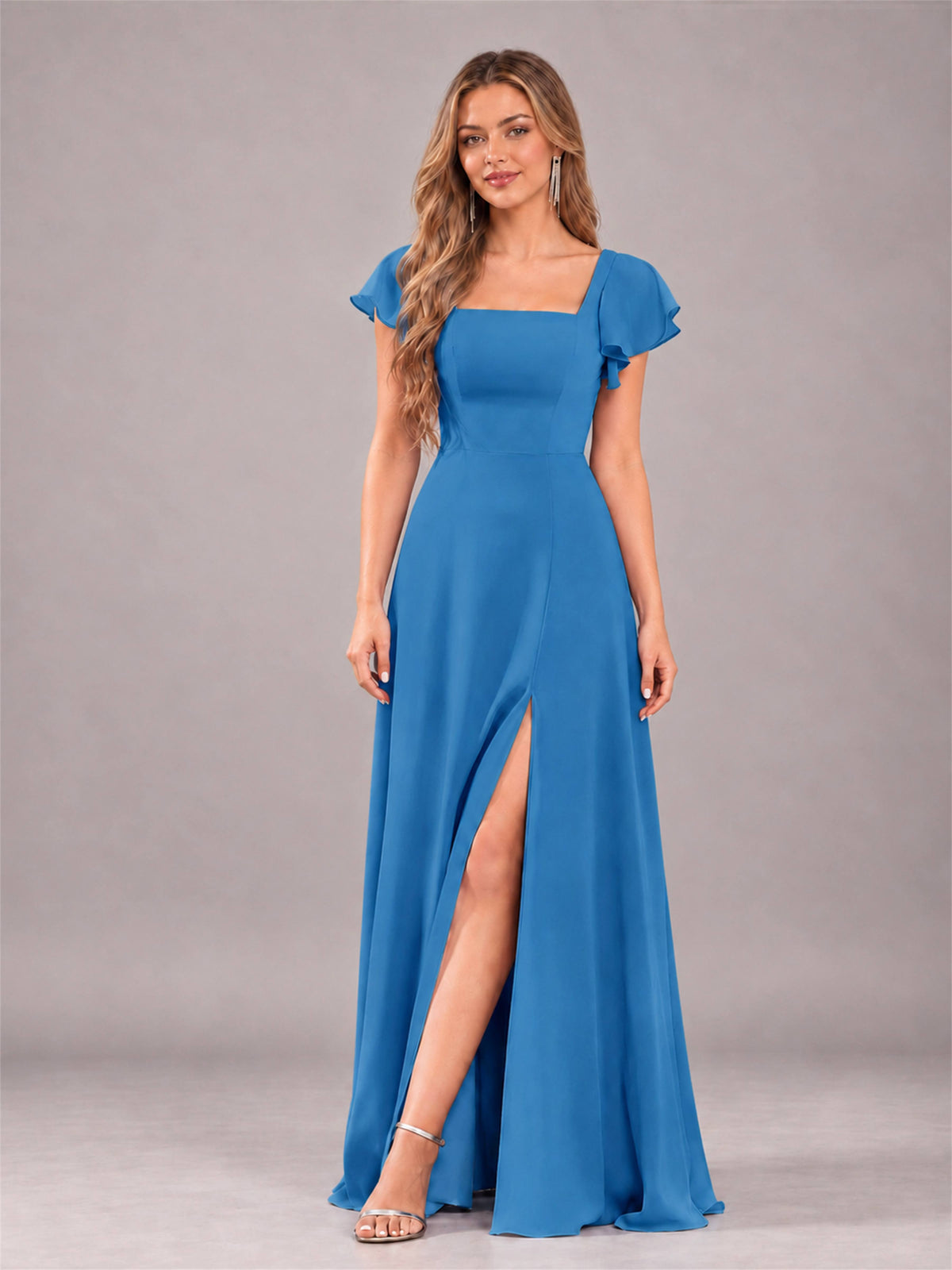 Blue Modern Square Neck Cap Sleeves Lace Up Chiffon Bridesmaid Dress