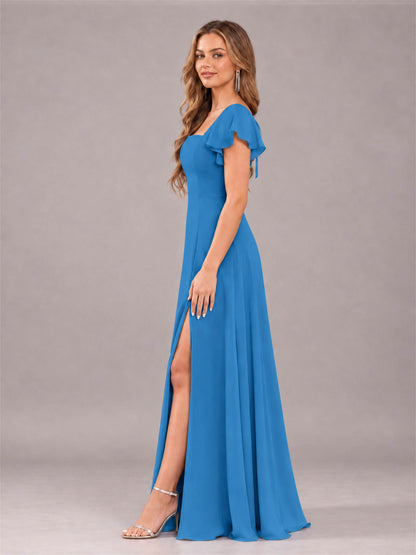 Blue Modern Square Neck Cap Sleeves Lace Up Chiffon Bridesmaid Dress