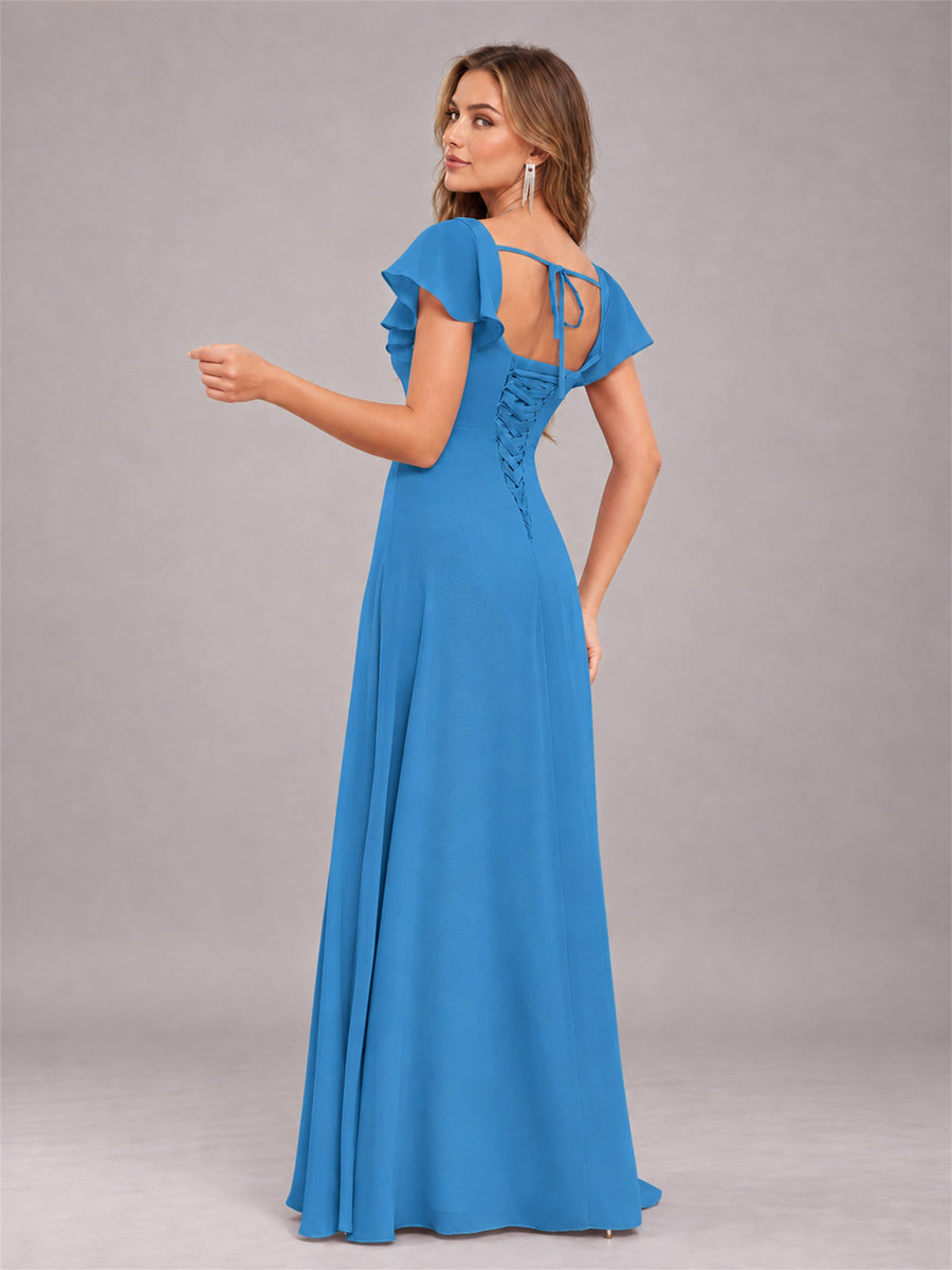 Blue Modern Square Neck Cap Sleeves Lace Up Chiffon Bridesmaid Dress