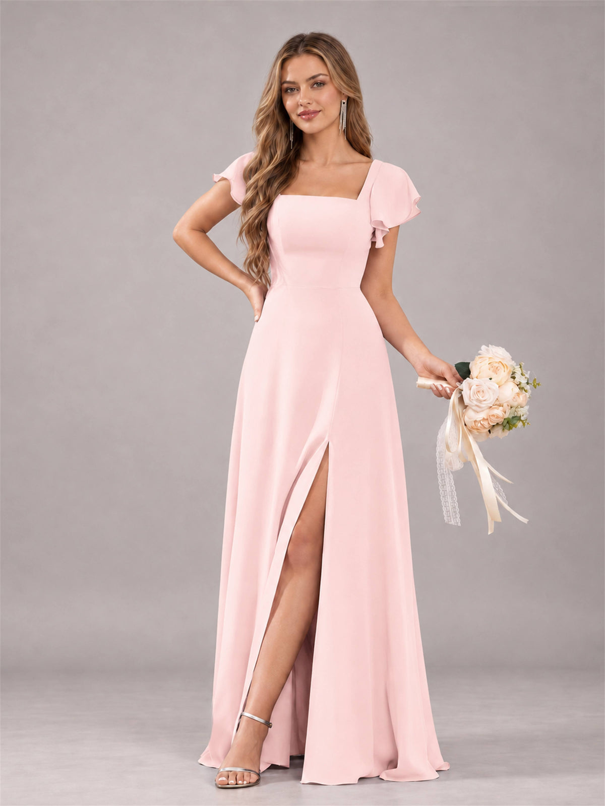 Blush Pink Modern Square Neck Cap Sleeves Lace Up Chiffon Bridesmaid Dress