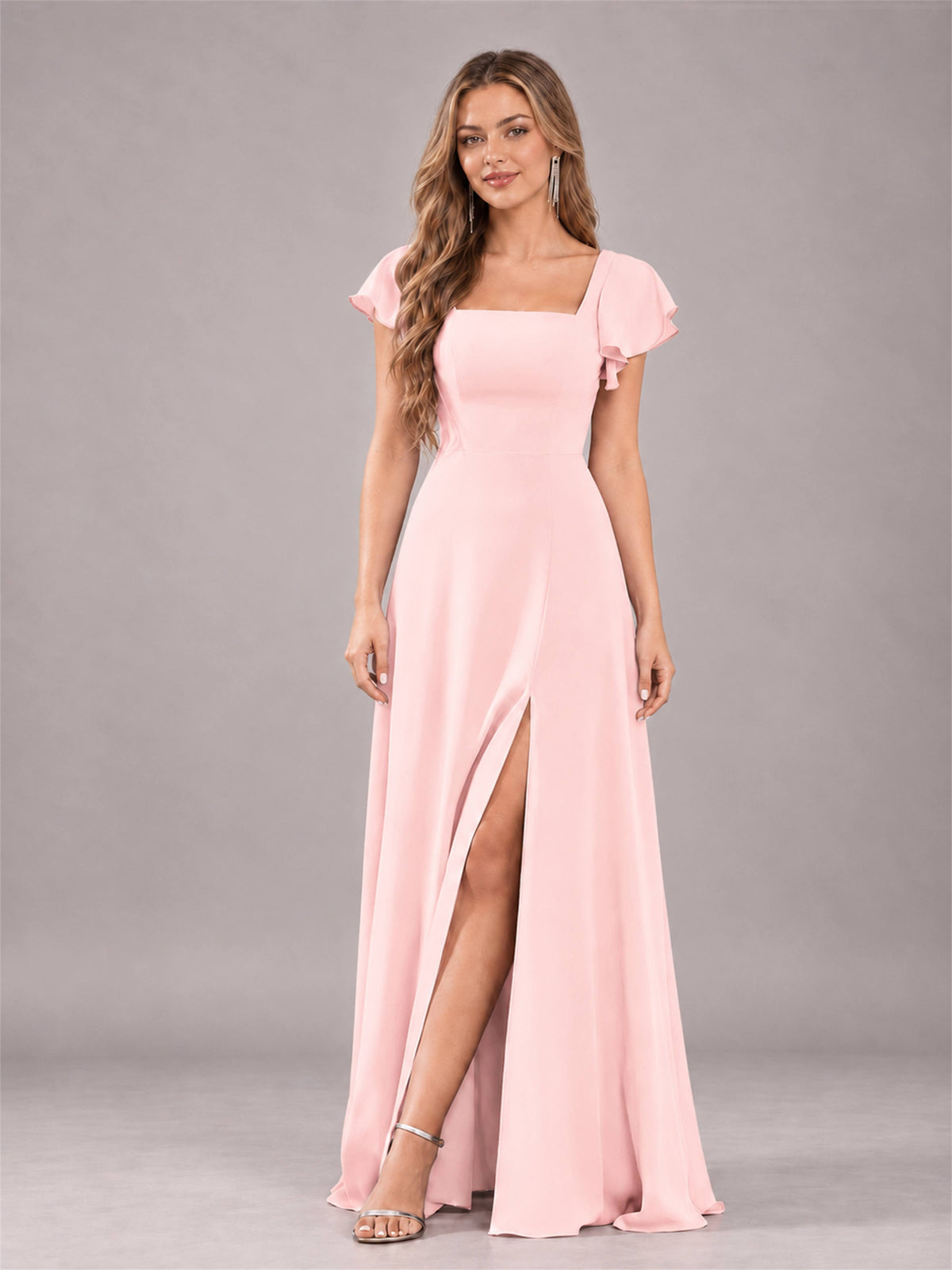 Blush Pink Modern Square Neck Cap Sleeves Lace Up Chiffon Bridesmaid Dress