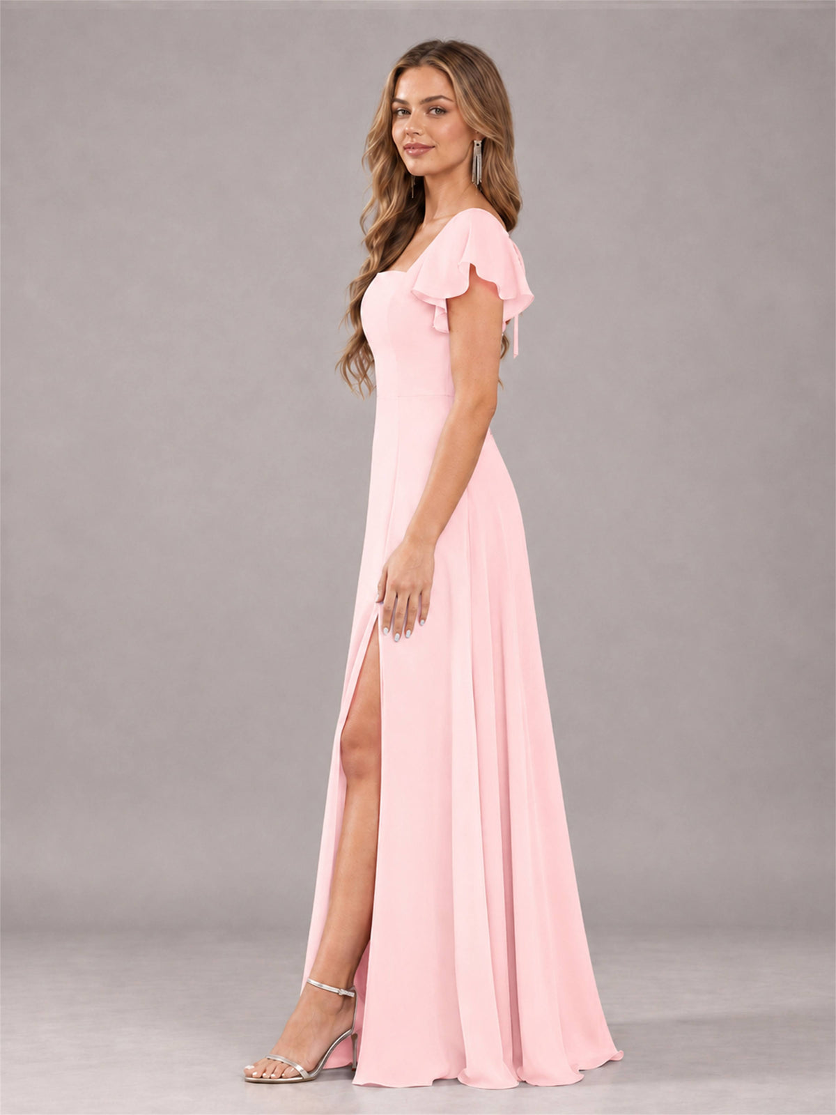 Blush Pink Modern Square Neck Cap Sleeves Lace Up Chiffon Bridesmaid Dress