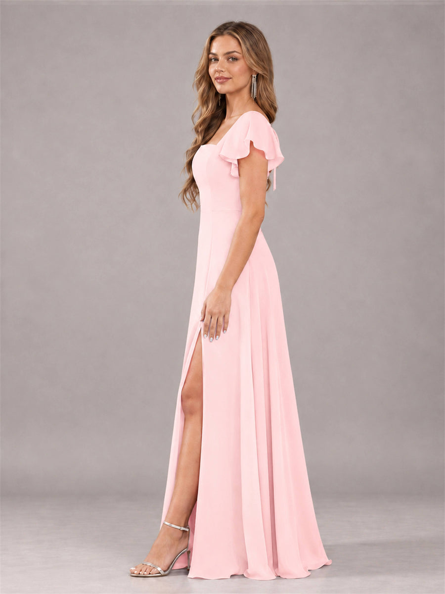 Blush Pink Modern Square Neck Cap Sleeves Lace Up Chiffon Bridesmaid Dress