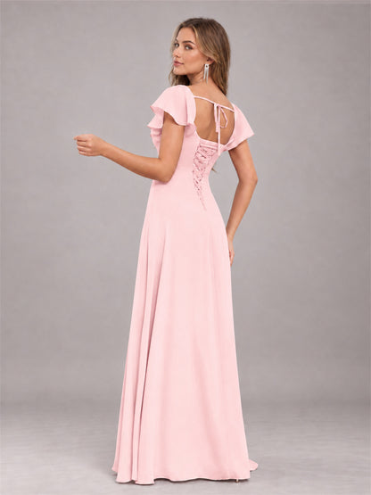 Blush Pink Modern Square Neck Cap Sleeves Lace Up Chiffon Bridesmaid Dress