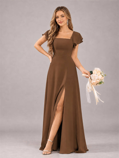 Brown Modern Square Neck Cap Sleeves Lace Up Chiffon Bridesmaid Dress