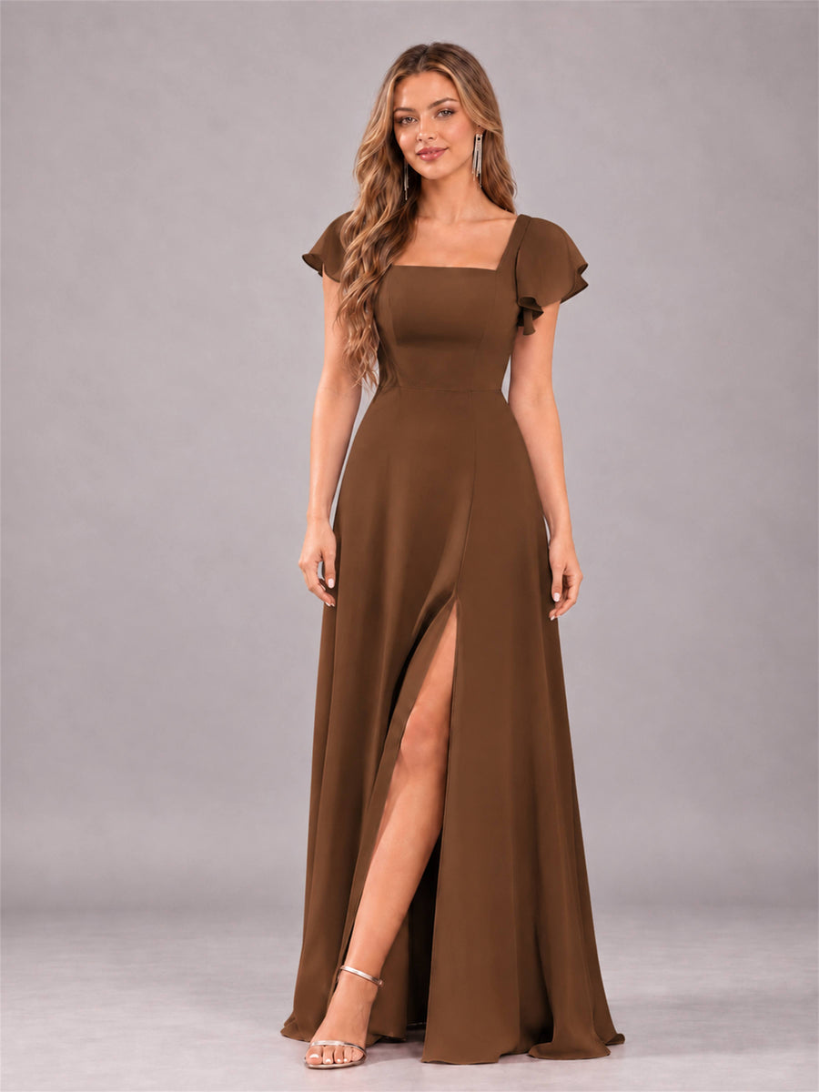 Brown Modern Square Neck Cap Sleeves Lace Up Chiffon Bridesmaid Dress