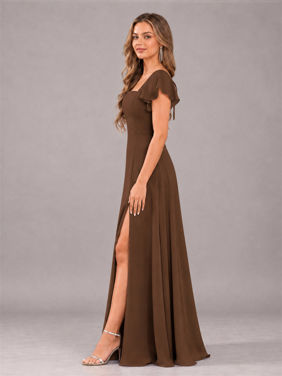 Brown Modern Square Neck Cap Sleeves Lace Up Chiffon Bridesmaid Dress