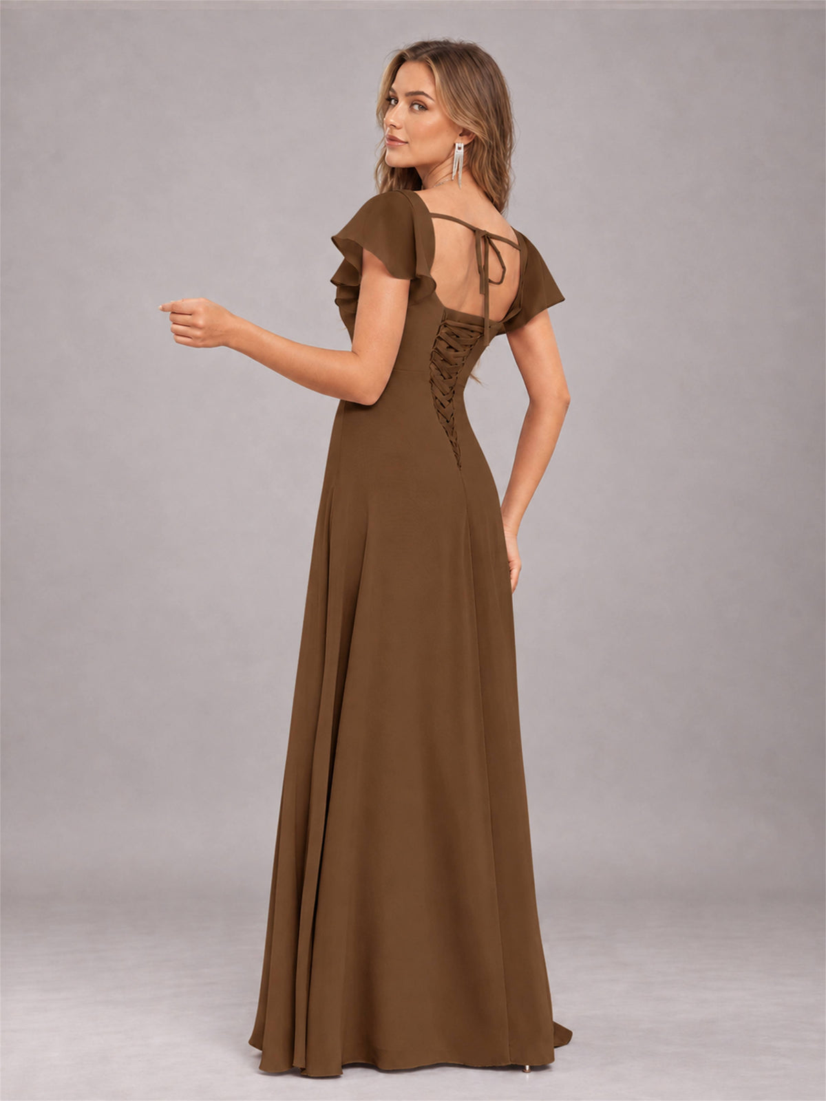 Brown Modern Square Neck Cap Sleeves Lace Up Chiffon Bridesmaid Dress