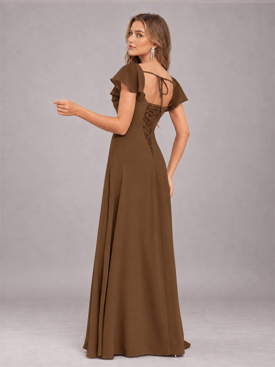 Brown Modern Square Neck Cap Sleeves Lace Up Chiffon Bridesmaid Dress